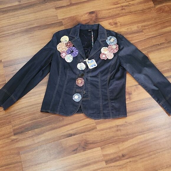 Vintage Lightweight Dark Denim Stretch Upcycled Statement Blazer Jacket - Picture 2 of 9